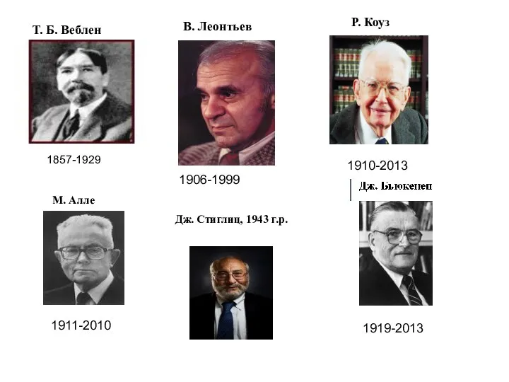 М. Алле 1857-1929 1911-2010 1919-2013 1906-1999 1910-2013 Р. Коуз В. Леонтьев