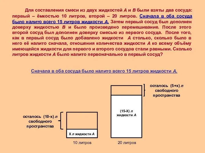 Сначала в оба сосуда было налито всего 15 литров жидкости А.