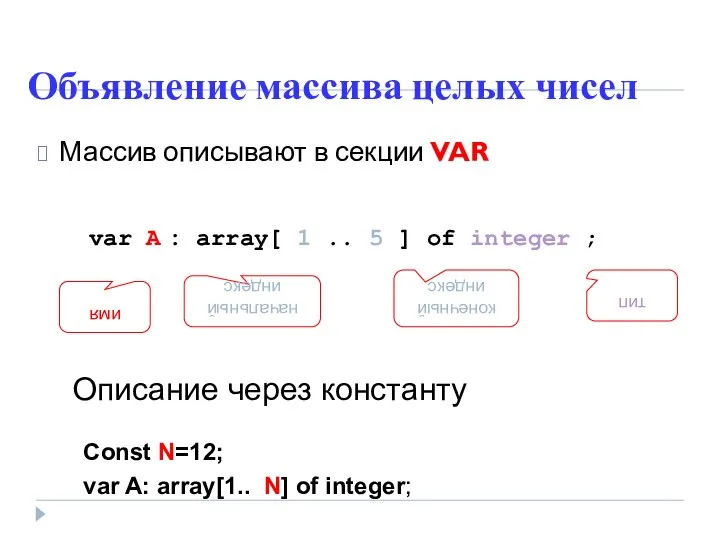 Объявление массива целых чисел Массив описывают в секции VAR Const N=12;