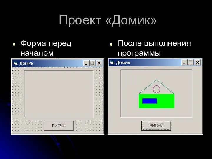 Проект «Домик» Форма перед началом После выполнения программы