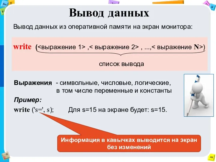 Вывод данных Вывод данных из оперативной памяти на экран монитора: write