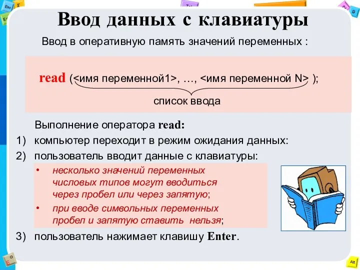 Ввод данных с клавиатуры read ( , …, ); Ввод в