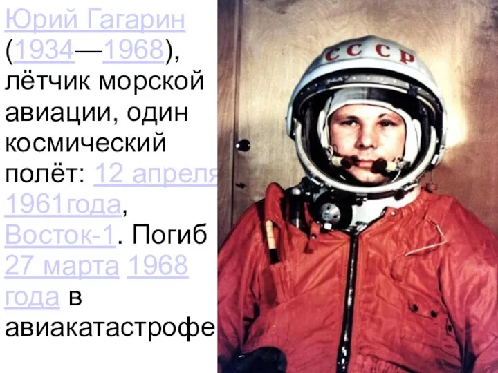 Юрий Гагарин (1934—1968), лётчик морской авиации, один космический полёт: 12 апреля