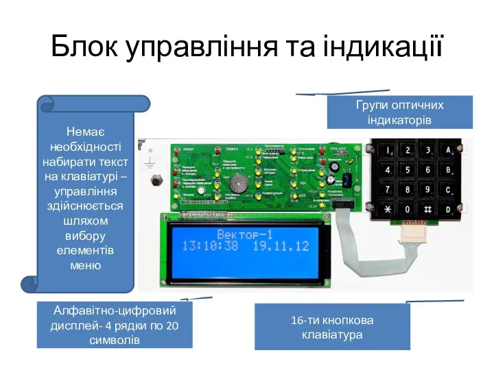 Блок управління та індикації Групи оптичних індикаторів Алфавітно-цифровий дисплей- 4 рядки