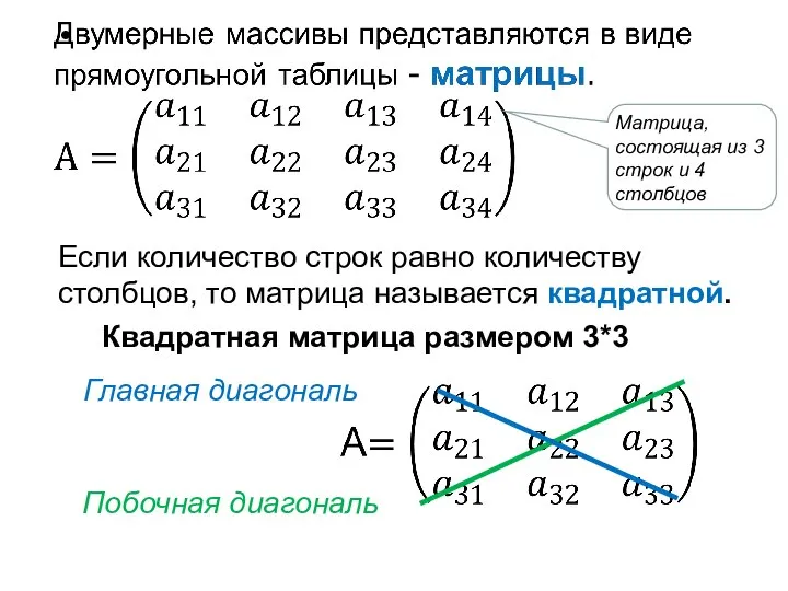 Если количество строк равно количеству столбцов, то матрица называется квадратной. Главная