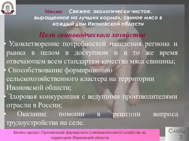 Слайд 3 Миссия: Свежее, экологически чистое, выращенное на лучших кормах, свиное