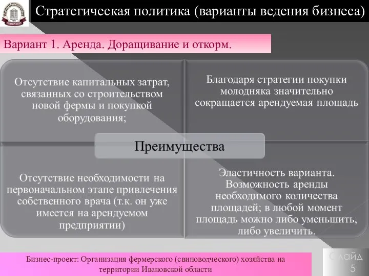 Слайд 5 Стратегическая политика (варианты ведения бизнеса) Вариант 1. Аренда. Доращивание