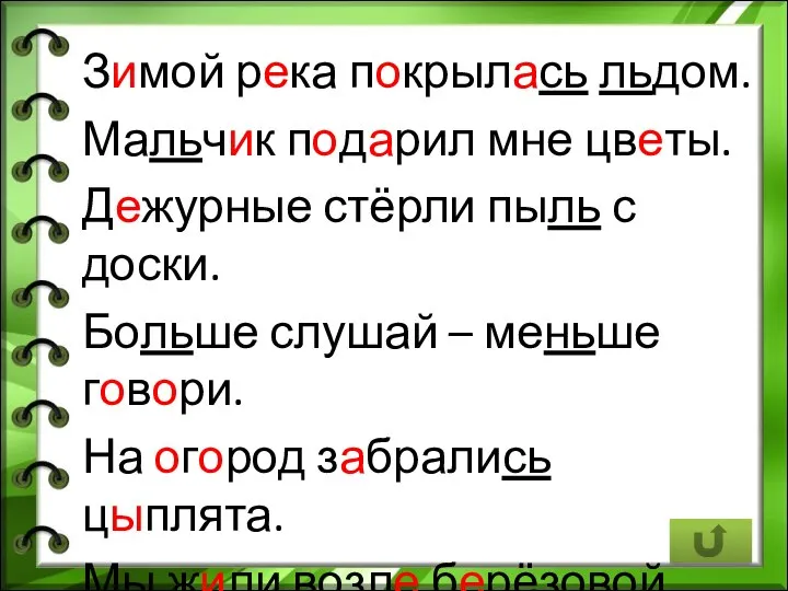 Зимой река покрылась льдом. Мальчик подарил мне цветы. Дежурные стёрли пыль