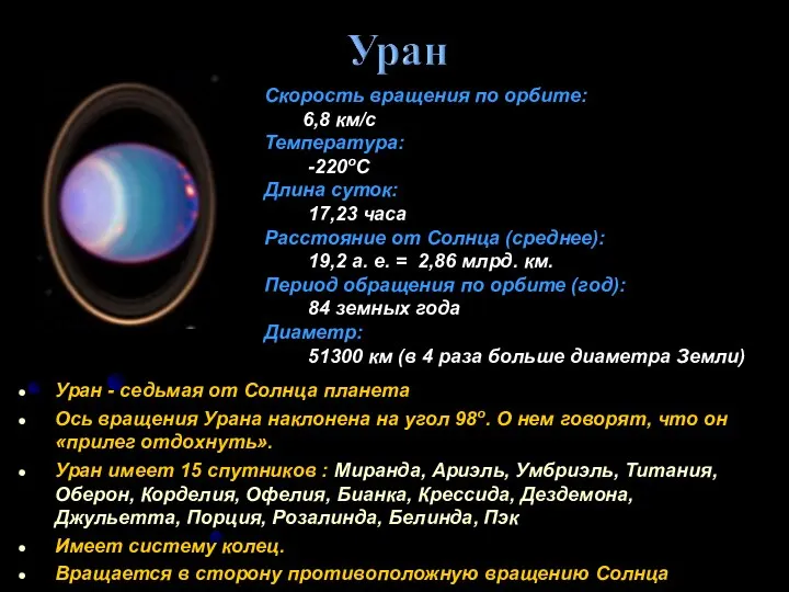 Уран - седьмая от Солнца планета Ось вращения Урана наклонена на