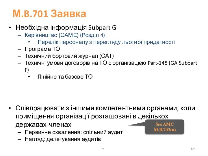 М.B.701 Заявка Необхідна інформація Subpart G Керівництво (САМЕ) (Розділ 4) Перелік