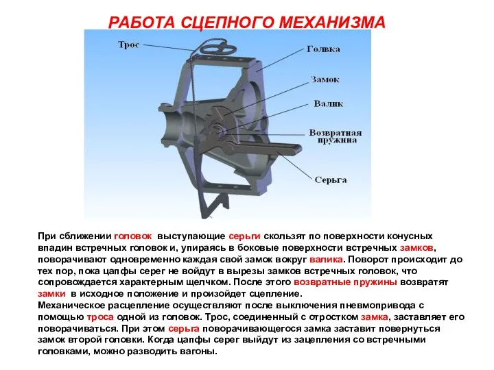 РАБОТА СЦЕПНОГО МЕХАНИЗМА При сближении головок выступающие серьги скользят по поверхности