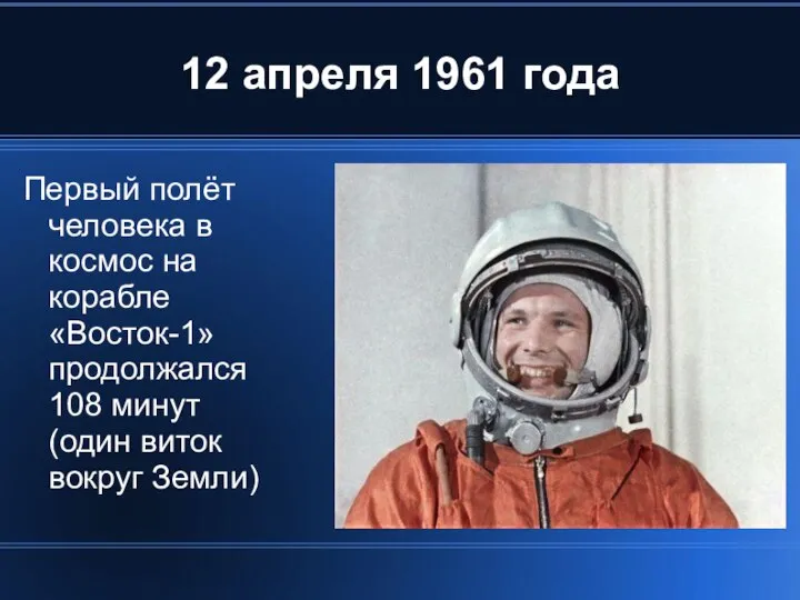 12 апреля 1961 года Первый полёт человека в космос на корабле