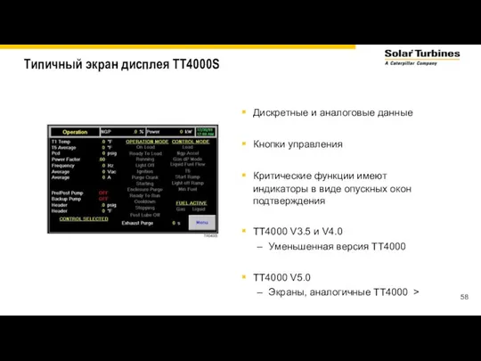 Типичный экран дисплея TT4000S Дискретные и аналоговые данные Кнопки управления Критические