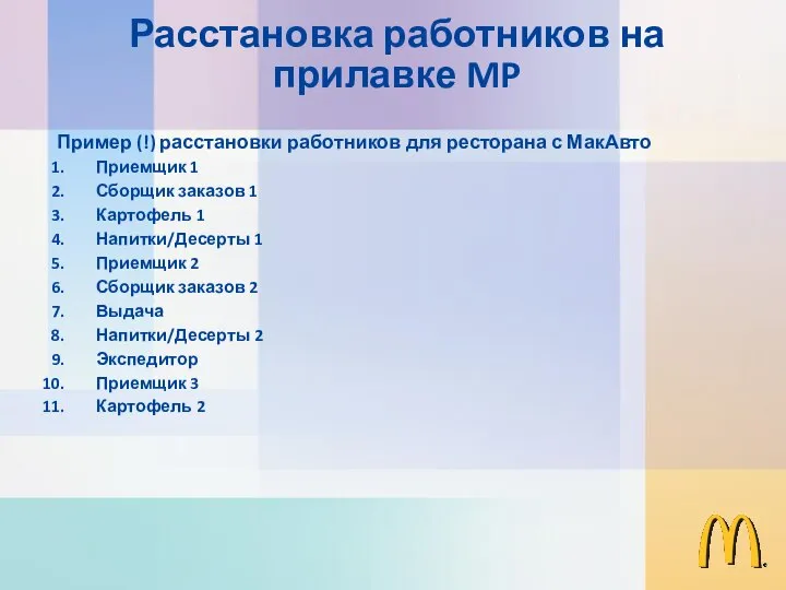 Пример (!) расстановки работников для ресторана с МакАвто Приемщик 1 Сборщик