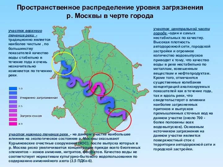 Пространственное распределение уровня загрязнения р. Москвы в черте города участок центральной