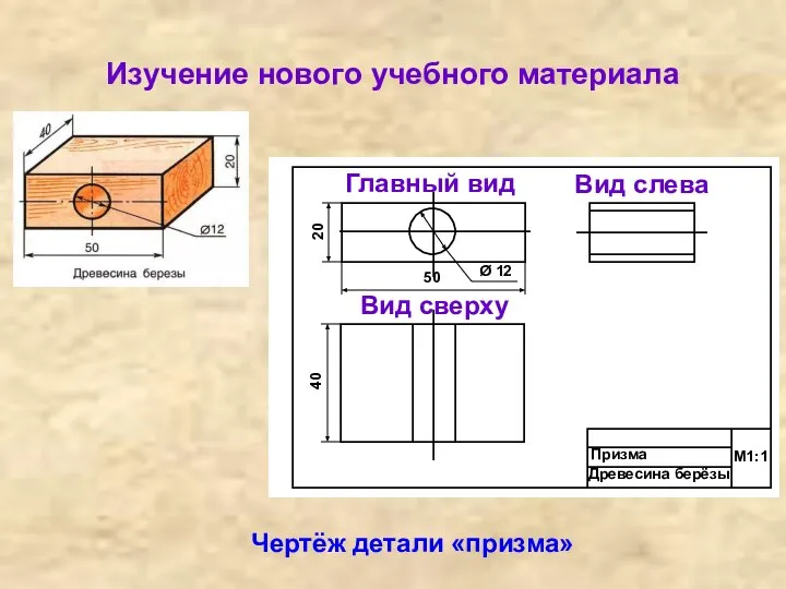 Изучение нового учебного материала Чертёж детали «призма» Главный вид Вид слева Вид сверху Ø 12