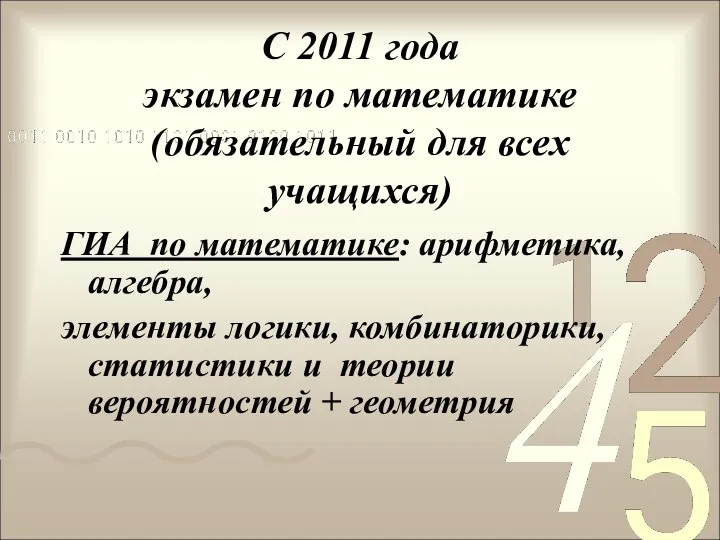 С 2011 года экзамен по математике (обязательный для всех учащихся) ГИА