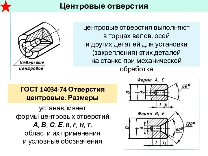 Центровые отверстия центровые отверстия выполняют в торцах валов, осей и других