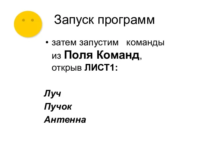 Запуск программ затем запустим команды из Поля Команд, открыв ЛИСТ1: Луч Пучок Антенна