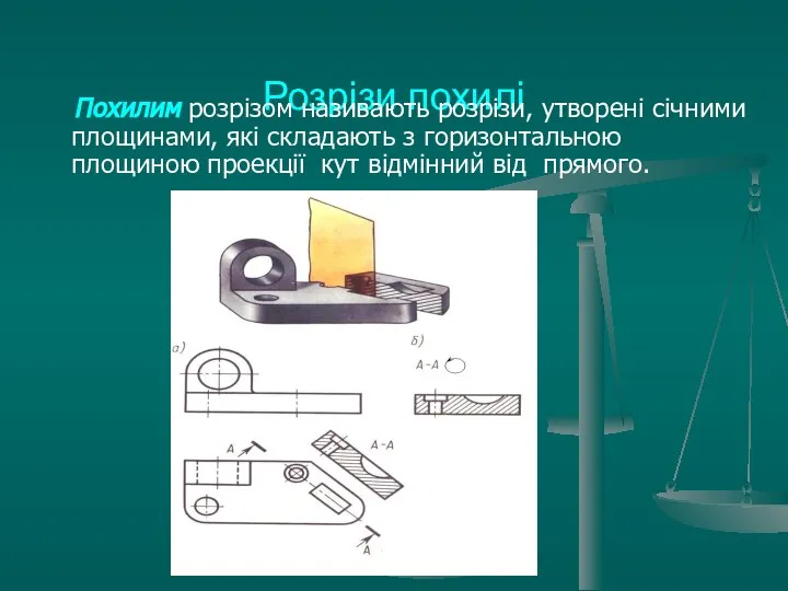 Розрізи похилі Похилим розрізом називають розрізи, утворені січними площинами, які складають