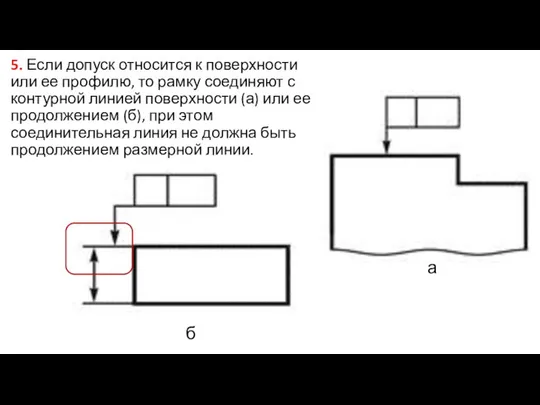 5. Если допуск относится к поверхности или ее профилю, то рамку