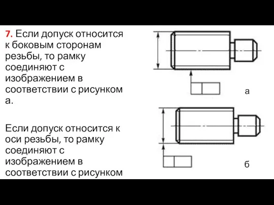 7. Если допуск относится к боковым сторонам резьбы, то рамку соединяют