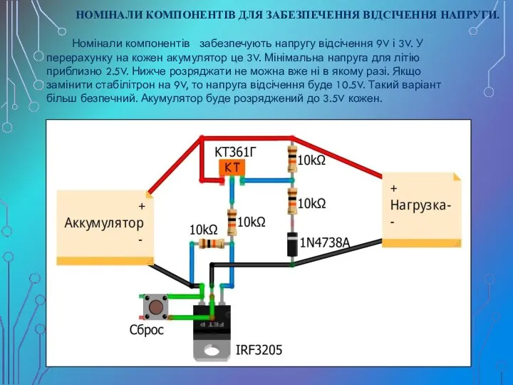 НОМІНАЛИ КОМПОНЕНТІВ ДЛЯ ЗАБЕЗПЕЧЕННЯ ВІДСІЧЕННЯ НАПРУГИ. Номінали компонентів забезпечують напругу відсічення