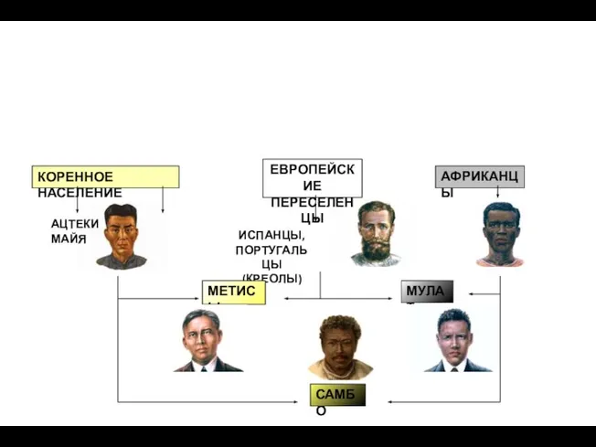 Этнический состав населения КОРЕННОЕ НАСЕЛЕНИЕ ЕВРОПЕЙСКИЕ ПЕРЕСЕЛЕНЦЫ АФРИКАНЦЫ АЦТЕКИ МАЙЯ ИСПАНЦЫ, ПОРТУГАЛЬЦЫ (КРЕОЛЫ) МЕТИСЫ МУЛАТ САМБО