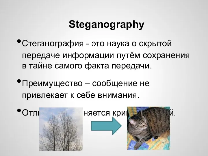 Steganography Стеганография - это наука о скрытой передаче информации путём сохранения