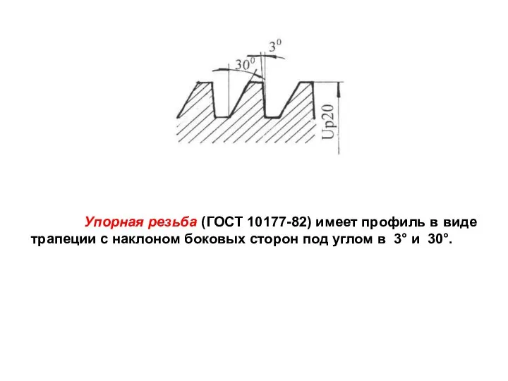 Упорная резьба (ГОСТ 10177-82) имеет профиль в виде трапеции с наклоном