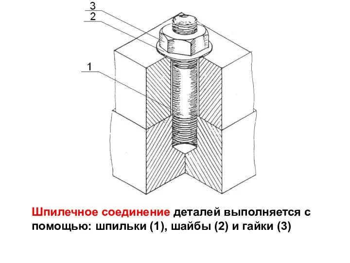 Шпилечное соединение деталей выполняется с помощью: шпильки (1), шайбы (2) и гайки (3)