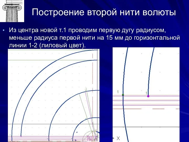 Построение второй нити волюты Из центра новой т.1 проводим первую дугу