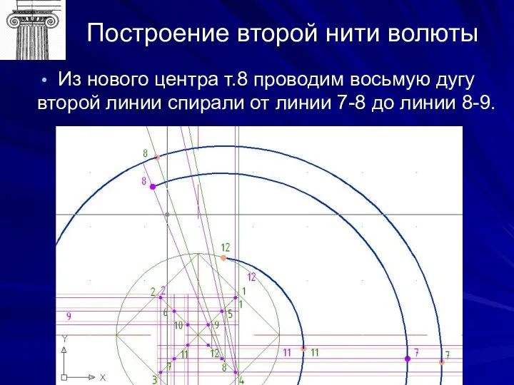 Построение второй нити волюты Из нового центра т.8 проводим восьмую дугу