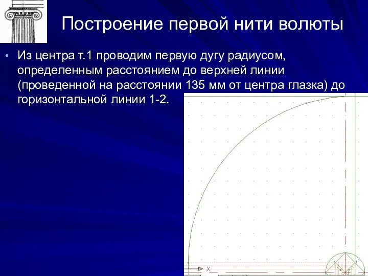 Построение первой нити волюты Из центра т.1 проводим первую дугу радиусом,