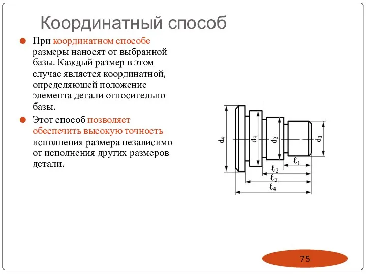 Координатный способ При координатном способе размеры наносят от выбранной базы. Каждый