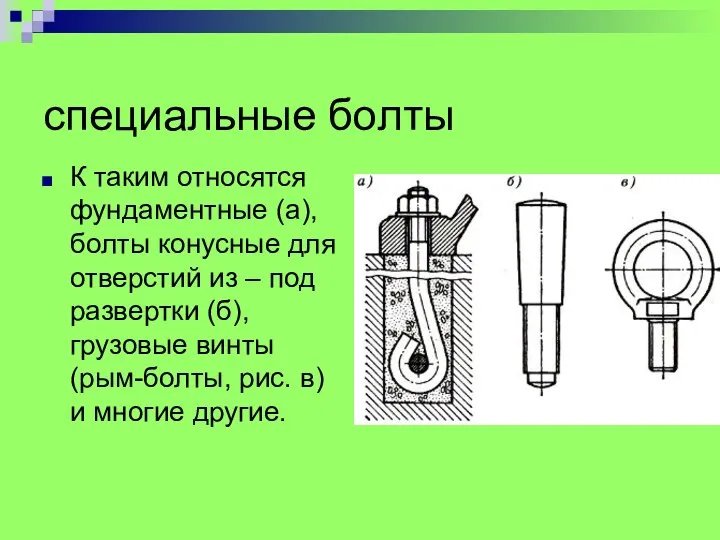 специальные болты К таким относятся фундаментные (а), болты конусные для отверстий