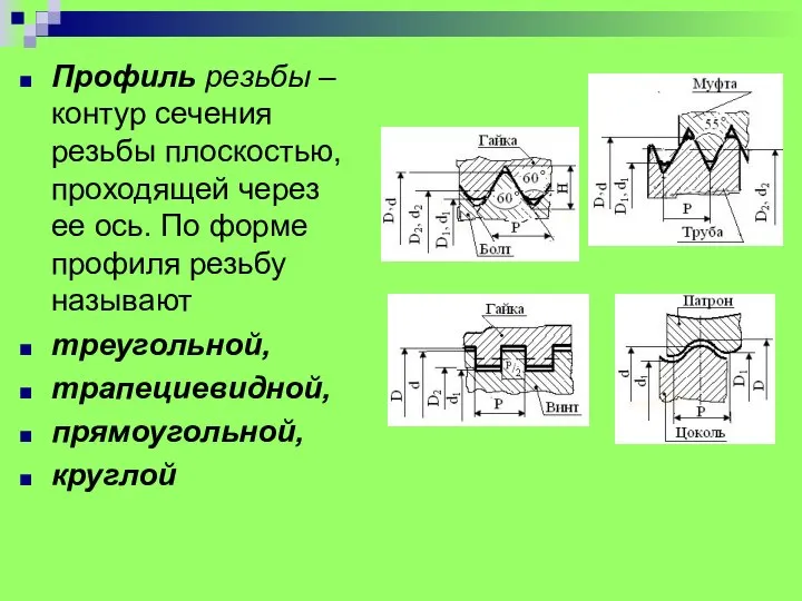 Профиль резьбы – контур сечения резьбы плоскостью, проходящей через ее ось.