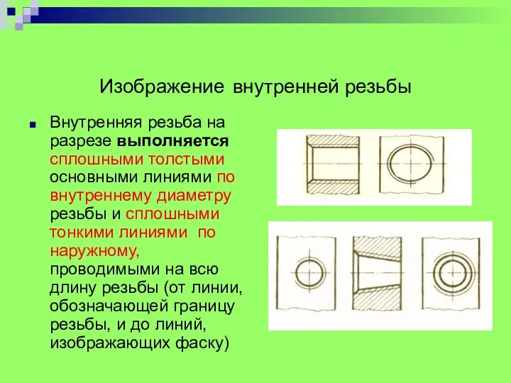 Изображение внутренней резьбы Внутренняя резьба на разрезе выполняется сплошными толстыми основными