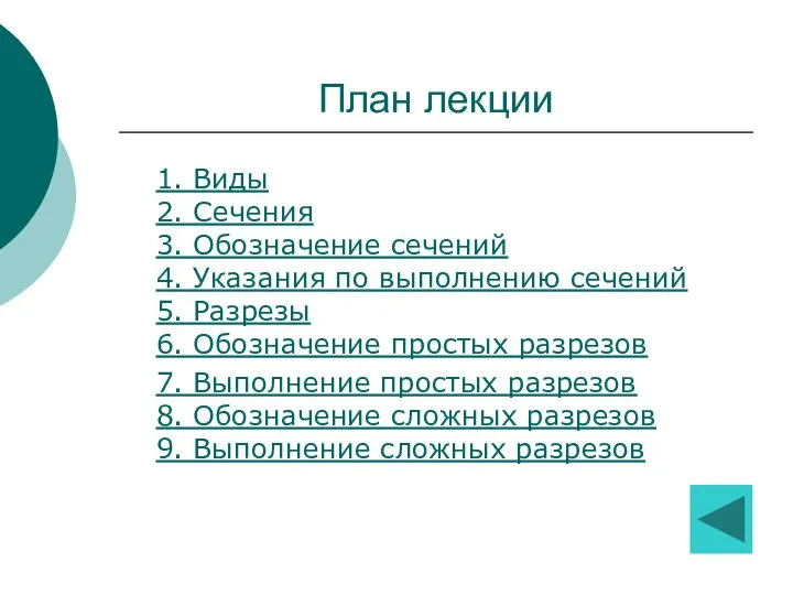 План лекции 1. Виды 2. Сечения 3. Обозначение сечений 4. Указания