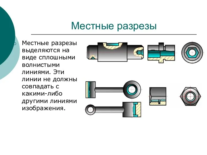 Местные разрезы Местные разрезы выделяются на виде сплошными волнистыми линиями. Эти