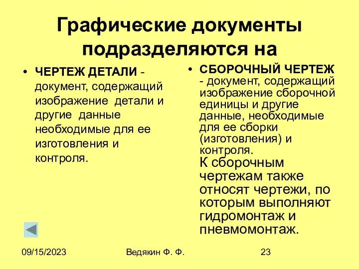 09/15/2023 Ведякин Ф. Ф. Графические документы подразделяются на ЧЕPТЕЖ ДЕТАЛИ -