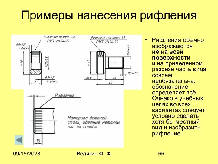 09/15/2023 Ведякин Ф. Ф. Примеры нанесения рифления Рифления обычно изображаются не