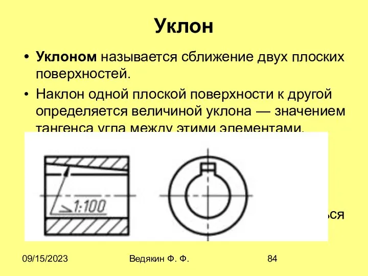 09/15/2023 Ведякин Ф. Ф. Уклон Уклоном называется сближение двух плоских поверхностей.