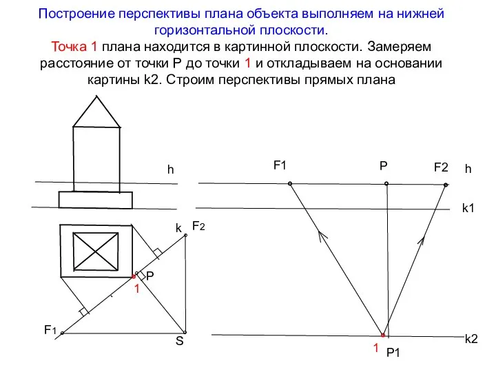 Построение перспективы плана объекта выполняем на нижней горизонтальной плоскости. Точка 1