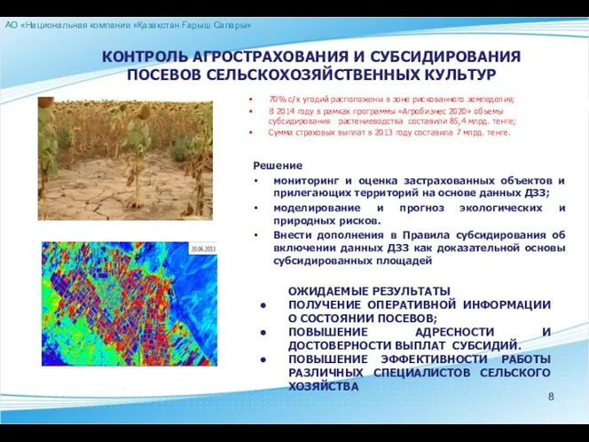 70% с/х угодий расположены в зоне рискованного земледелия; В 2014 году