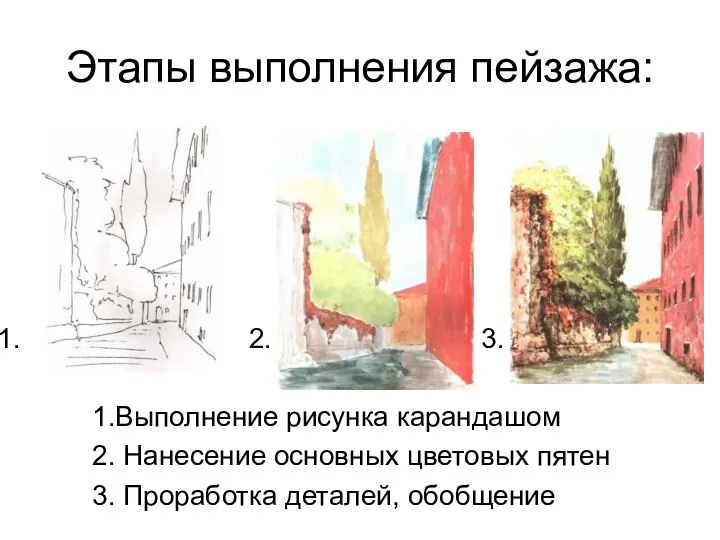 Этапы выполнения пейзажа: 2. 3. 1.Выполнение рисунка карандашом 2. Нанесение основных