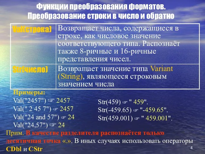 Функции преобразования форматов. Преобразование строки в число и обратно Примеры: Val("2457")