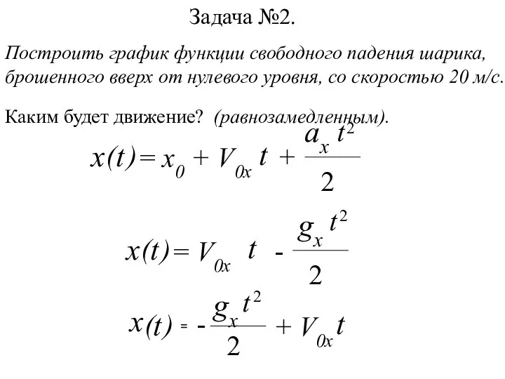 Задача №2. Построить график функции свободного падения шарика, брошенного вверх от