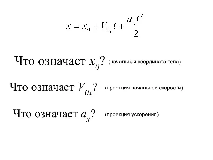 Что означает х0? (начальная координата тела) Что означает V0x? (проекция начальной