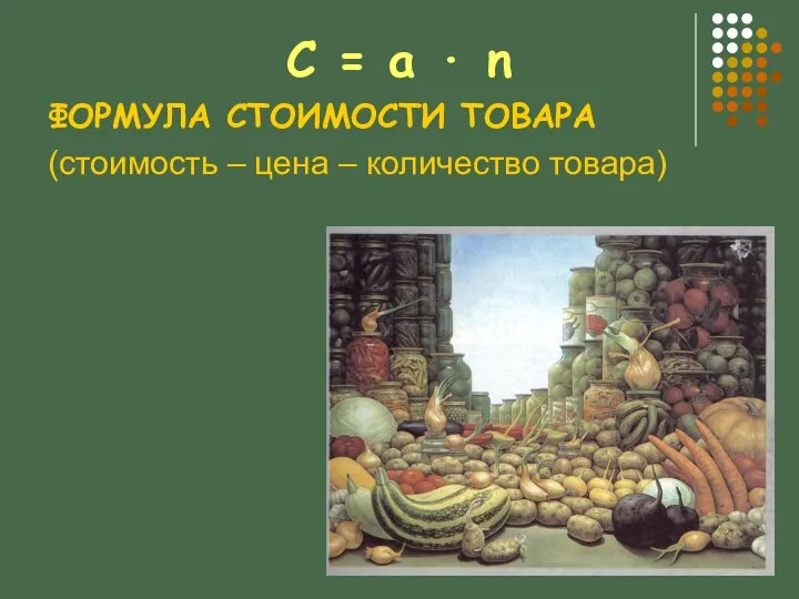 С = a ∙ n ФОРМУЛА СТОИМОСТИ ТОВАРА (стоимость – цена – количество товара)